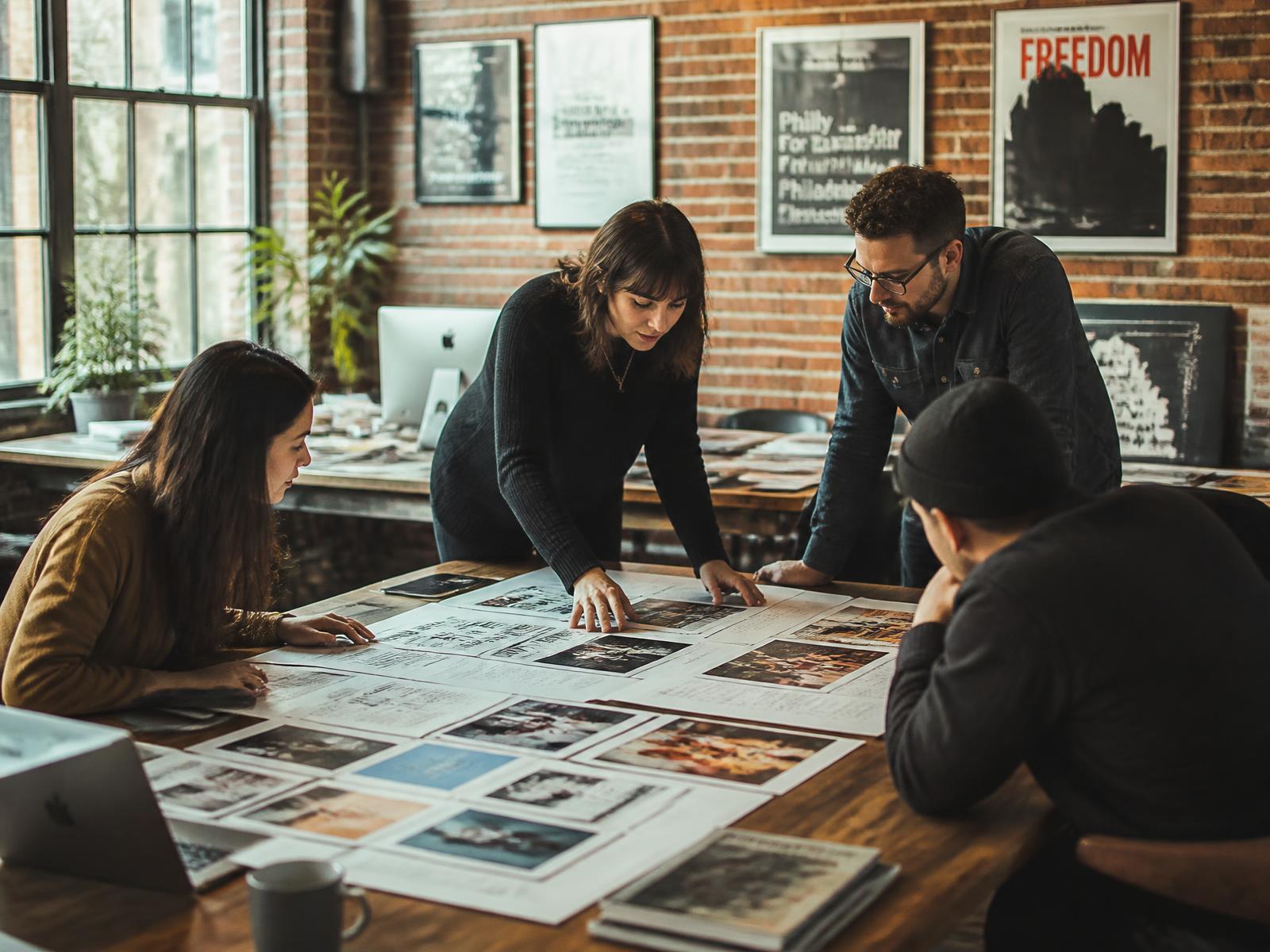 Marketing team reviewing printed campaign layouts in a Philadelphia loft office